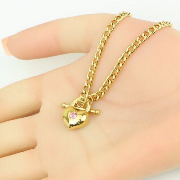 Chunky Gold Chain Necklace with Heart Pendant and Pink Stone, XPNL0372 - Picture 5 of 13